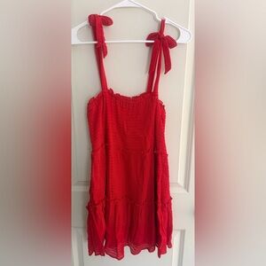 Altar’d State Red Sadie Shoulder Tie Tiered Mini Shift Lined Dress Sz M